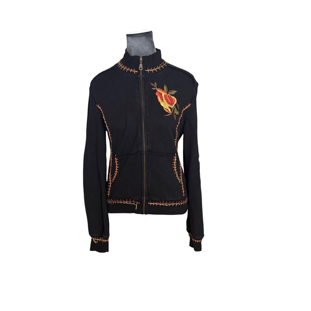 Sugar Lips Black Embroidered Floral Cotton Zip-Up Jacket  Size S
